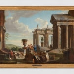 Oil painting of figures gathered on ancient ruins.