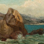 Detail of an oil painting of a shallow bay in the Adriatic Sea. The coastal landscape shows a rock edge jutting out to sea.
