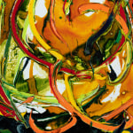 Detail of an abstract oil painting that uses fast-paced paint application to capture movement and reverberating fruit clusters in orange and red against a dark blue and green background.