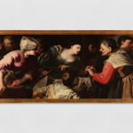 An oil painting of the Greek mythology story of Arachne. A group of women gather around Arachne, who is in the centre of the painting, weaving a tapestry. All figures are facing right while an older female with a cane faces against them.