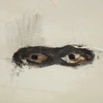 Detail of an oil painting with a pair of eyes protruding through the cream paint.