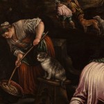 Detail of an oil painting of rural people preparing slaughtered animals for food.