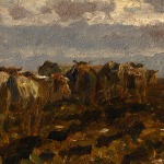 An oil painting of cattle in a field with blue skies and white clouds.