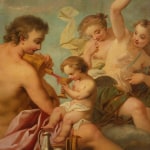 Classical painting with adult and children on clouds, blue sky, and golden frame.