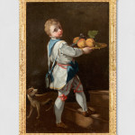 An oil painting of a young boy with a fruit platter.