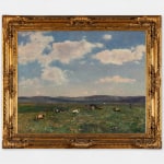 Painting depicting a field of flowers with cows