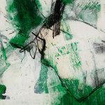 Detail of an oil paint and mixed media abstract composition in green, white, and black. Artwork details: Artist: Afro Basaldella. Artwork title: Composizione verde. Artwork year: 1963. Artwork medium: Oil and mixed media. Artwork dimensions: 48 x 63 cm.