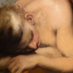Detail of an oil painting of a sleeping menade. In Greek mythology, maenads were the female followers of Dionysus. This detail shows the face of the sleeping figure.