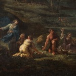 Detail of an oil painting of the Lazio landscape and mushroom picking.