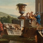 Detail of an oil painting of figures gathered on ancient ruins.