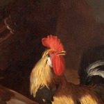 Painting of a rooster, some hens, a goose and a turkey