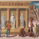 Detail of a tempera painting with a view of a port with a central temple, figures and architectural elements of classical inspiration.