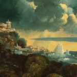 Detail of painting showing a castle.