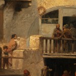 A detail of an oil painting on canvas depicting a woman with children and a group of men on a terrace.