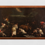 An oil painting of rural people harvesting food.
