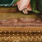 Detail of an oil painting of the Virgin Mary and Jesus Christ along with St. Michael the Archangel, St. Apollonia and a devoted knight.