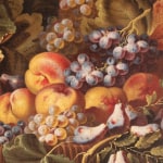 Detail of an oil on canvas painting of harvested fruit in baskets surrounded by grapevines and wooden barrels.
