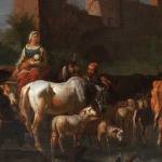 Detail of an oil painting of a landscape with figures and aqueducts.