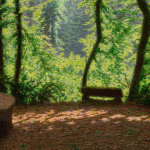A detail of an oil on canvas painting of a wooded area.