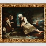 Painting depicting two shepherdesses sitting on a meadow, intent on stroking two baby goats. In the background of the painting is a third female figure with a jug on her head.