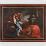 An oil painting of the biblical event the Trinity, three angels visiting Abraham at the Oak of Mamre (Genesis 18:1–8). Abraham is cloaked in rich red, while the angels are draped in vibrant blue.