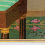 Detail of an oil painting of a portrait of a mother and daughter. In a hyper-realistic style, a mother dressed in light blue sits on a green cushioned stool alongside their daughter in pink against a beige background and green floral carpet.