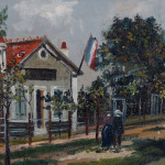 An oil painting of a house with a French flag and walkers in blues and greens.