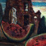 Detail of an oil painting of a landscape with watermelons and shells.