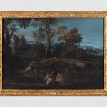 Landscape with trees, hills, and group of people, golden frame.
