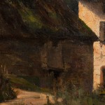 Detail of an oil painting of a cottage on the road.