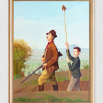 An oil painting of an older and young man, Lark hunting. In a hyper-realistic style, the man is dressed in a brown hat, jacket and boots, armed with a shotgun. The boy has a green blazer and cream trousers, holding a large stick with a bird on top. The landscape behind them is an expansive view of nature with mountains in the distance. Artwork details: Artist: Antonio Donghi. Artwork title: Caccia alle allodole. Artwork date: 1942. Artwork medium: Oil on canvas. Artwork dimensions: 107.5 x 79.5 cm.