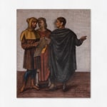 A tempera painting of a group of three male figures dressed as merchants.