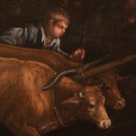 Detail of an oil painting of rural people harvesting food. Artwork details: Artist: Leandro Bassano (Leandro da Ponte) (area). Artwork title: L'Autunno. Artwork dates: c.1600-10. Artwork medium: Oil on canvas. Artwork dimensions: 144.5 x 221 cm.