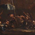 Detail of an oil painting of Satyrs on the maypole among ruins.