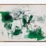 An oil paint and mixed media abstract composition in green, white, and black. Artwork details: Artist: Afro Basaldella. Artwork title: Composizione verde. Artwork year: 1963. Artwork medium: Oil and mixed media. Artwork dimensions: 48 x 63 cm.