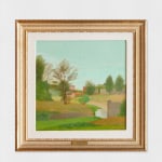 An oil painting of Valle violata, littered with green leafy trees and a pale blue sky.