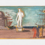 Detail of a tempera painting of a Piazza with a monument by the sea.