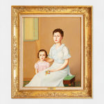 An oil painting of a portrait of a mother and daughter. In a hyper-realistic style, a mother dressed in light blue sits on a green cushioned stool alongside their daughter in pink against a beige background and green floral carpet.