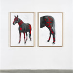 A mixed media diptych on canvas using UV print, acrylic, charcoal, graphite, and protective varnish. The first panel shows an image of a horse, and the second the back of a horse, both with red paint, acrylic, charcoal, and graphite applied to the surface.