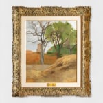 An oil painting of a Roman landscape (a corner of Palatine Hill). Trees line a path with a building in the distance.