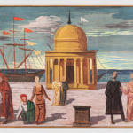 Detail of a tempera painting with a view of a port with a central temple, figures and architectural elements of classical inspiration.