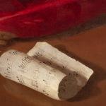 Painting of a still life with lute, carpet, dog, chickens and vase of flowers