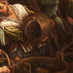 Detail of an oil painting of rural people harvesting food. Artwork details: Artist: Leandro Bassano (Leandro da Ponte) (area). Artwork title: L'Autunno. Artwork dates: c.1600-10. Artwork medium: Oil on canvas. Artwork dimensions: 144.5 x 221 cm.