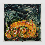 An abstract oil painting that uses fast-paced paint application to capture movement and reverberating fruit clusters in orange and red against a dark blue and green background.