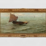 An oil painting of a sailing boat at the marina in rough waters.