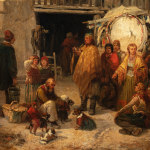 A detail of an oil painting on canvas depicting a courtyard filled with people gathered around a male figure alongside a horse, cart, and dogs.