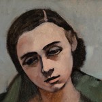 Detail of an oil painting of a woman sat in a chair wrapped in a green blanket. The detail shows the woman’s face.