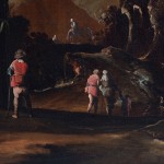 Detail of an oil painting of a landscape featuring figures beneath architectural ruins.