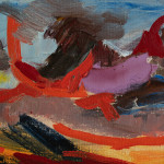 Detail of an oil painting of an abstract sunset in Velate in blue, orange, yellow, blue, red and black. Artwork details: Artist: Renato Guttuso. Artwork title: Tramonto a Velate. Artwork year: 1960. Artwork medium: Oil on canvas. Artwork dimensions: 40.1 x 50.3 cm.