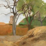 An oil painting of a Roman landscape (a corner of Palatine Hill). Trees line a path with a building in the distance.